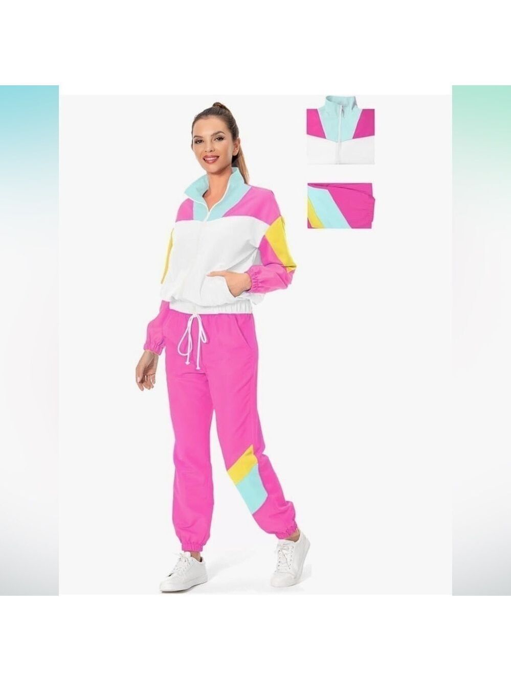 80s  2 Piece Tracksuit Costume Color Block Windbreaker Jacket Pants